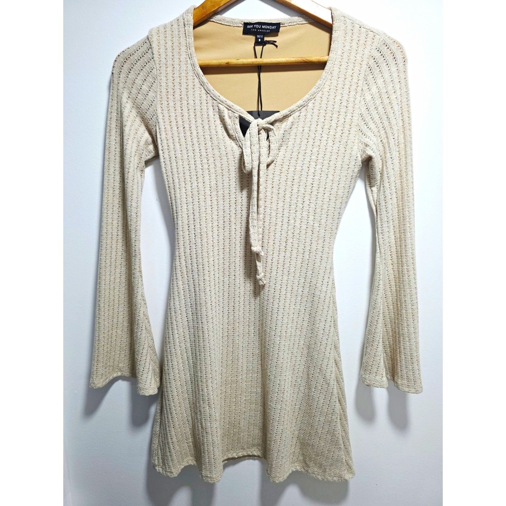 See You Monday Beige Knit V-Neck Tie Front Bell Sleeve Mini Dress Size S